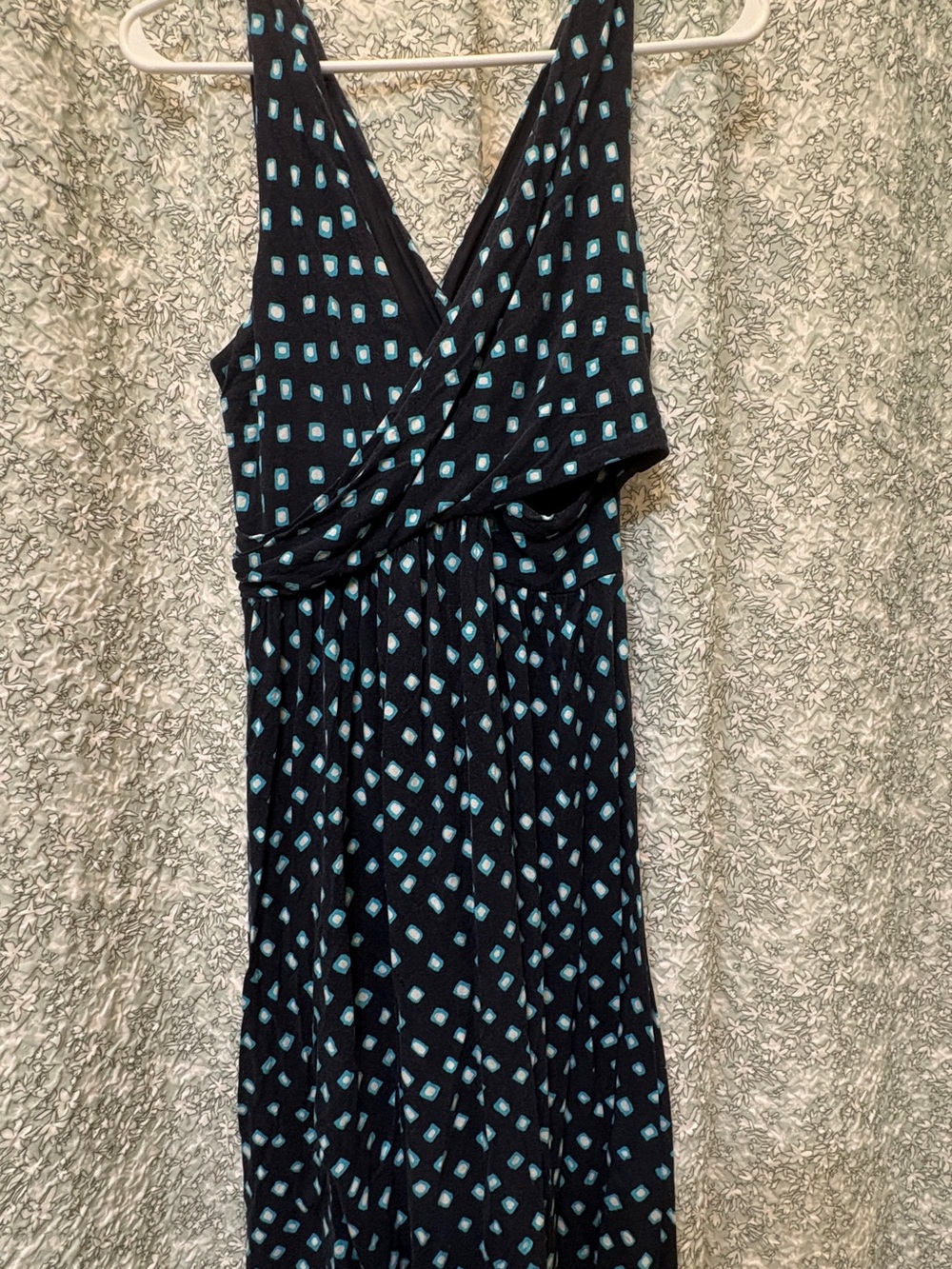Loft SP Dark Blue
and Teal Printed V-Neck Women’s Dress